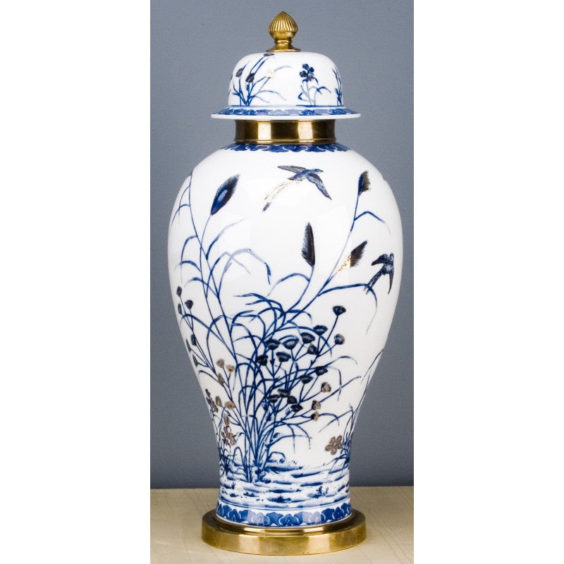 Lovecup ROUND JAR WITH BRONZE- BLUE AND WHITE WITH REAL GOLD GLAZE L320