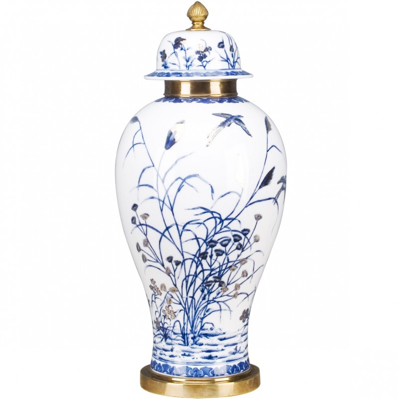 Lovecup ROUND JAR WITH BRONZE- BLUE AND WHITE WITH REAL GOLD GLAZE L320