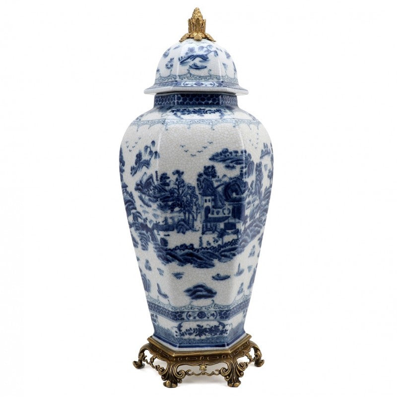 Lovecup Octagonal Lidded Jar With Bronze Ormolu- Blue Willow L370