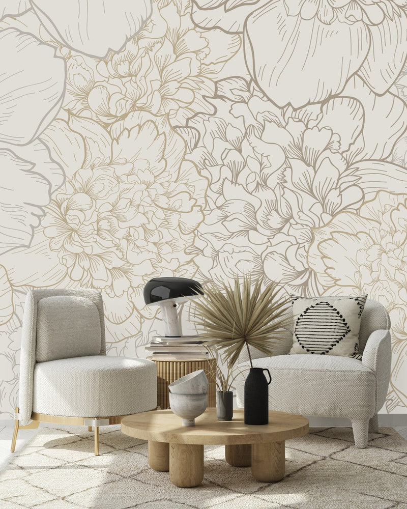 Beige Large Peonies Wallpaper