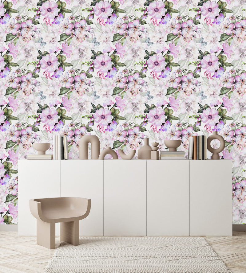 Pink Flowers with Butterflies Wallpaper