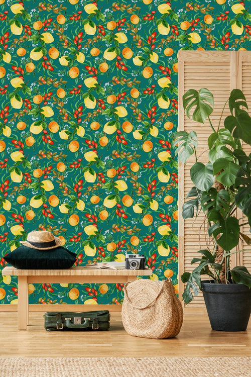 Lemons and Berries on Green Wallpaper