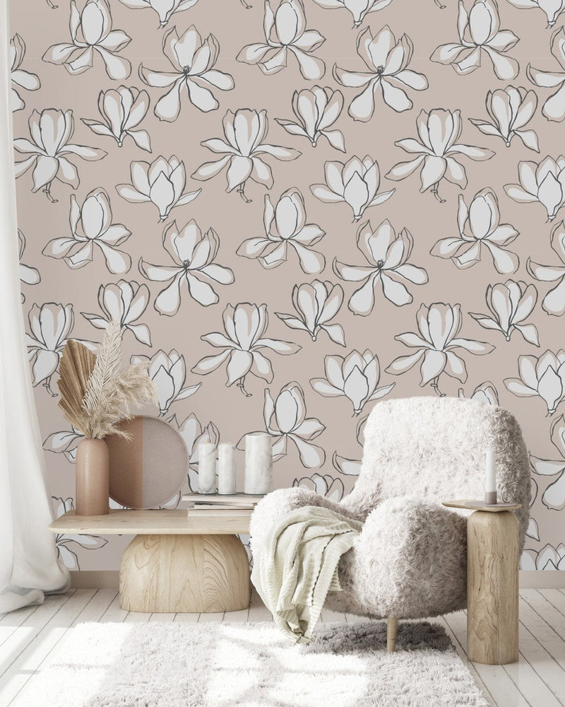 Beige Large Flowers Wallpaper