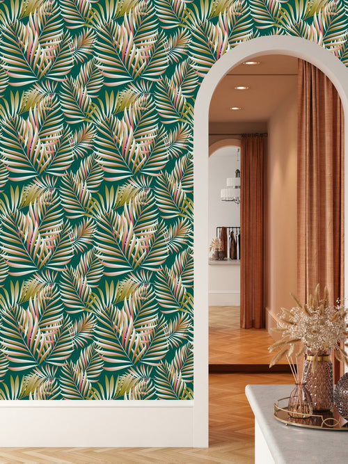Green Wallpaper with Palm Leaves