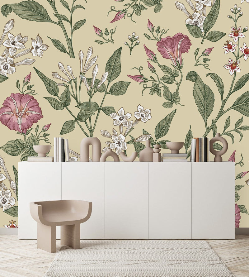 Contemporary Modern Beige Wallpaper with Flowers