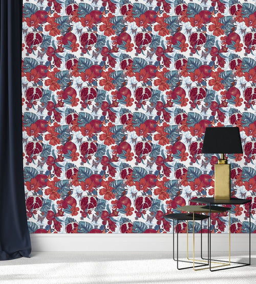 Blue Monstera Leaves and Pomegranate Wallpaper