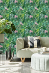 Green Grove with Pink Flowers Wallpaper