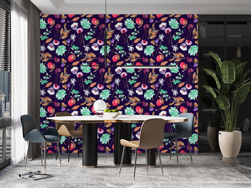 Flowers and Leaves Pattern Wallpaper