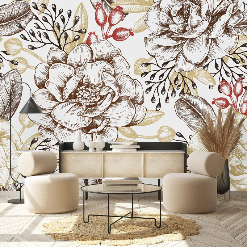 Beige Flowers and Leaves Wallpaper