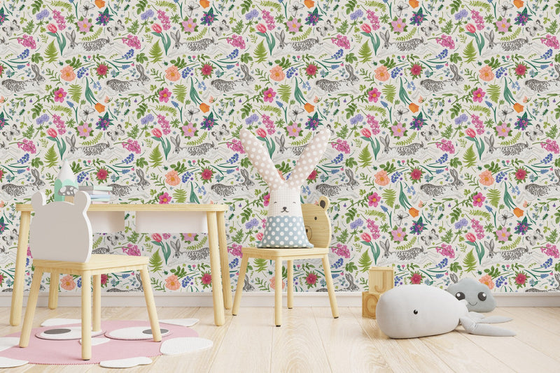 Elegant Hares between Flowers Wallpaper