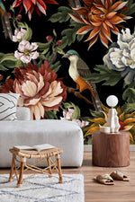 Peonies with Birds on Dark Background Wallpaper