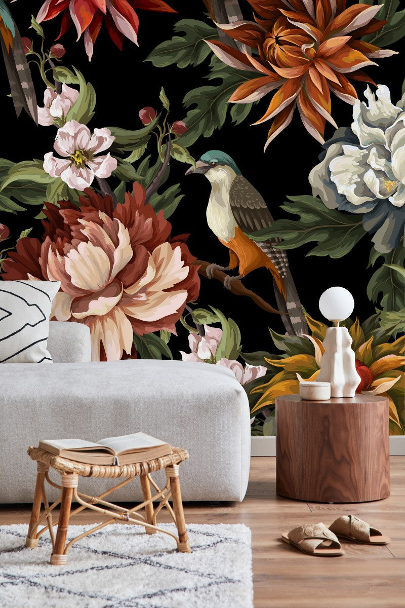 Peonies with Birds on Dark Background Wallpaper