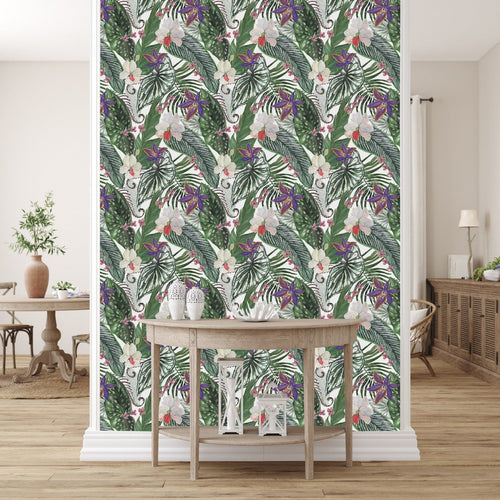 Palm Leaves and Flowers Wallpaper