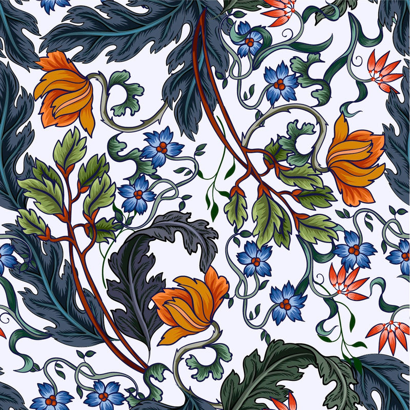 White Wallpaper with Leaves and Flowers