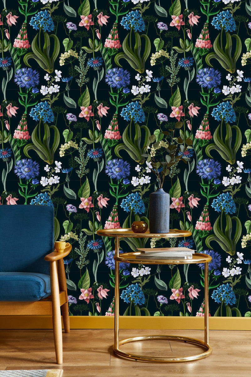 Blue Flowers on Black Background Wallpaper