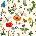 Beige Floral Wallpaper with Dragonfly