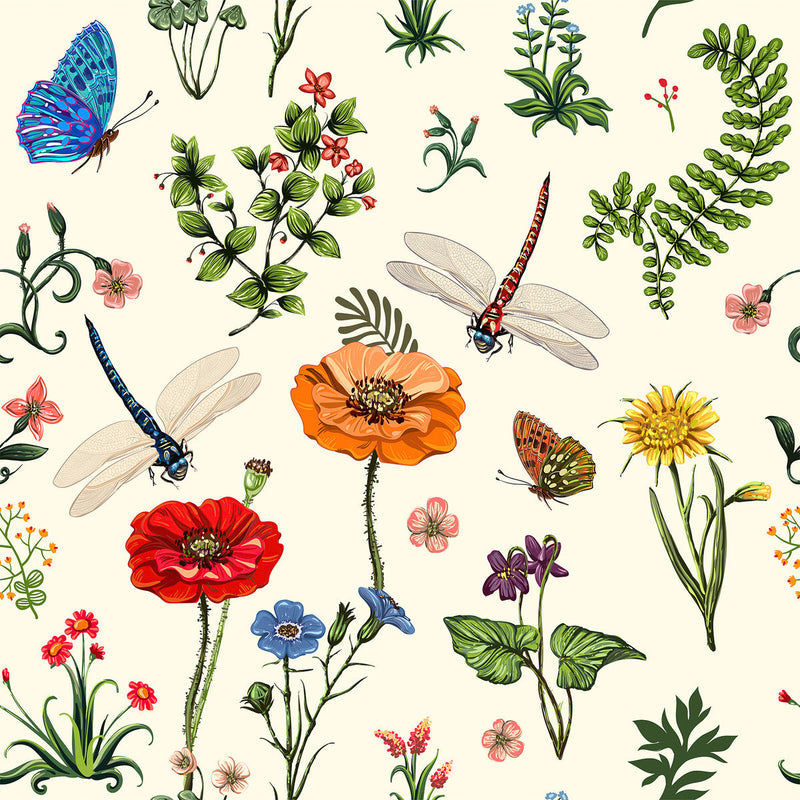 Beige Floral Wallpaper with Dragonfly