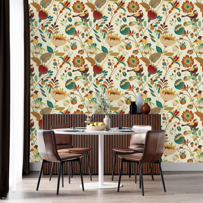 Beige Birds and Flowers Wallpaper