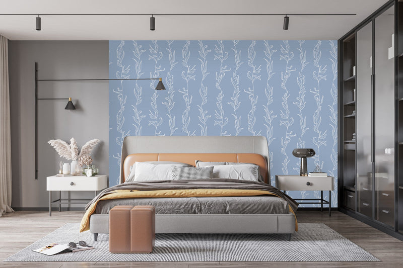Blue Wallpaper with White Leaves