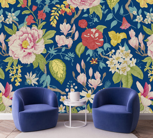 Blue Wallpaper with Flowers