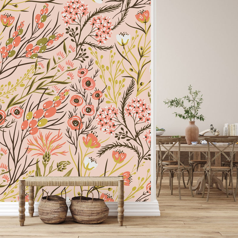 Beige Wallpaper with Wildflowers