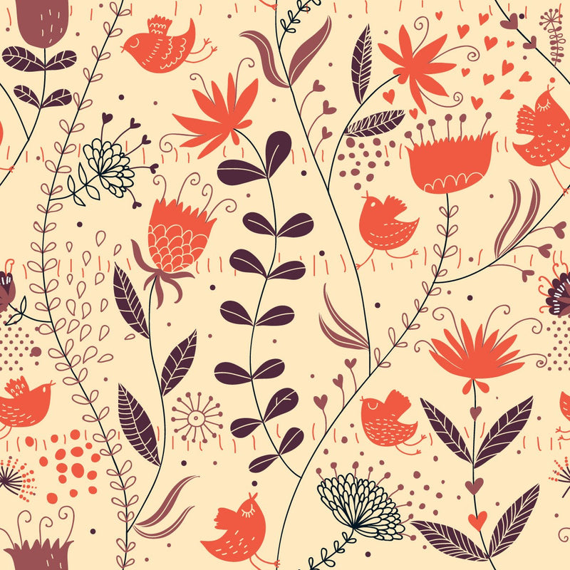 Orange Flowers and Birds Wallpaper