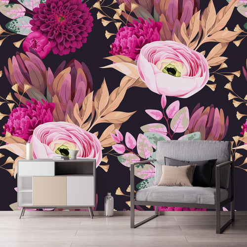 Fashionable Black Wallpaper with Brightly Flowers