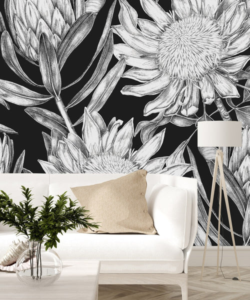 Black Wallpaper with White  Floral Pattern