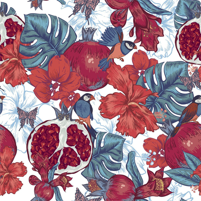 Blue Monstera Leaves and Pomegranate Wallpaper