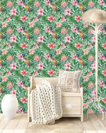Pink Flowers with Palm Leaves Wallpaper