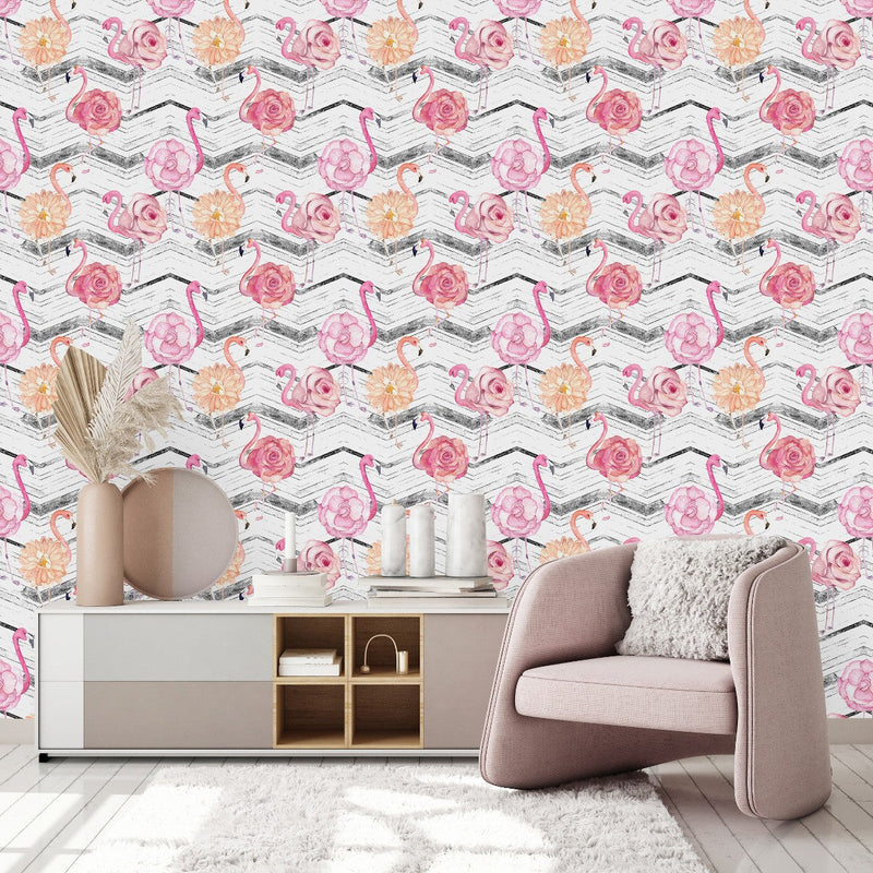 Pink Flamingos with Flowers Wallpaper