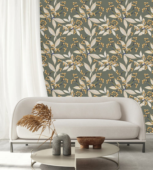 Grey Wallpaper with Leaves and Berries