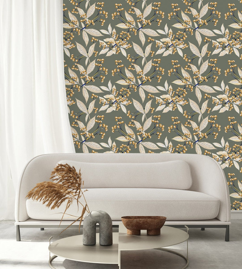 Grey Wallpaper with Leaves and Berries