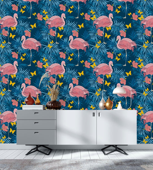 Pink Flamingos on Blue Wallpaper