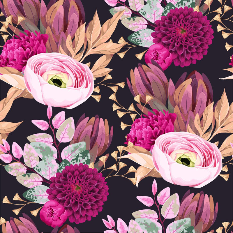 Fashionable Black Wallpaper with Brightly Flowers