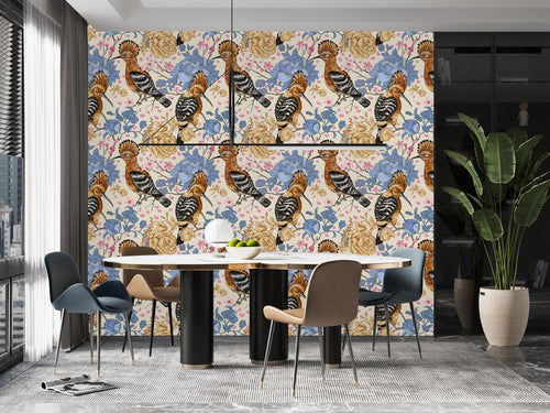 Brown Birds on Floral Wallpaper