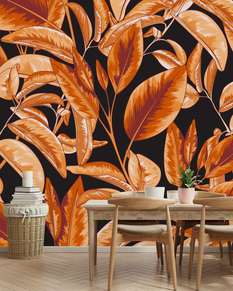 Stylish Black Wallpaper with Leaves Fashionable