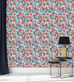 Blue Leaves with Red Flowers Wallpaper