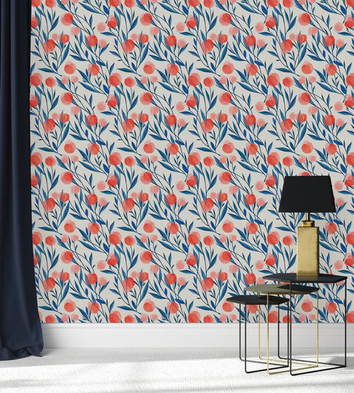 Blue Leaves with Red Flowers Wallpaper