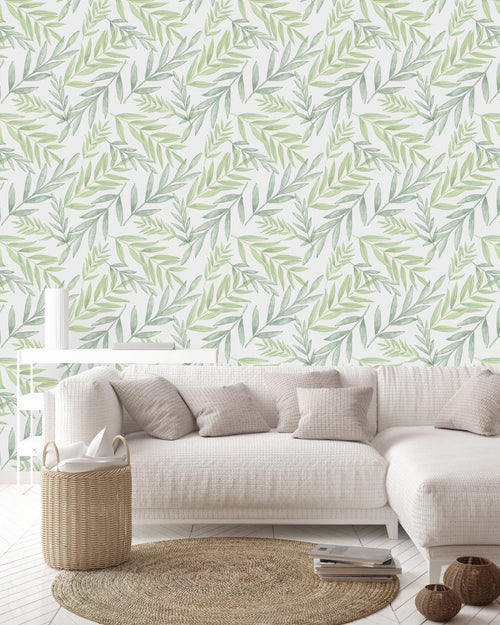 Voguish Hand Drawn Green Leaves Wallpaper Fashionable