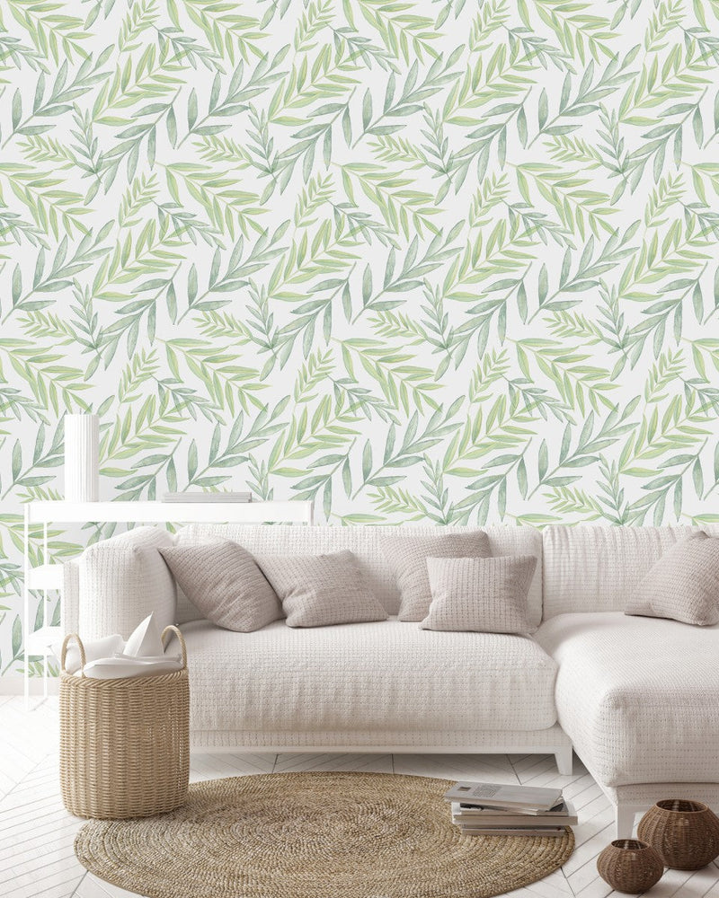 Voguish Hand Drawn Green Leaves Wallpaper Fashionable