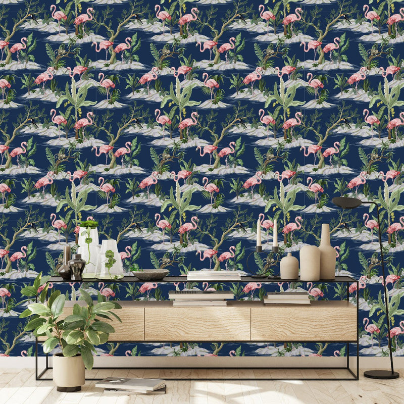 Dark Blue Wallpaper with Flamingos