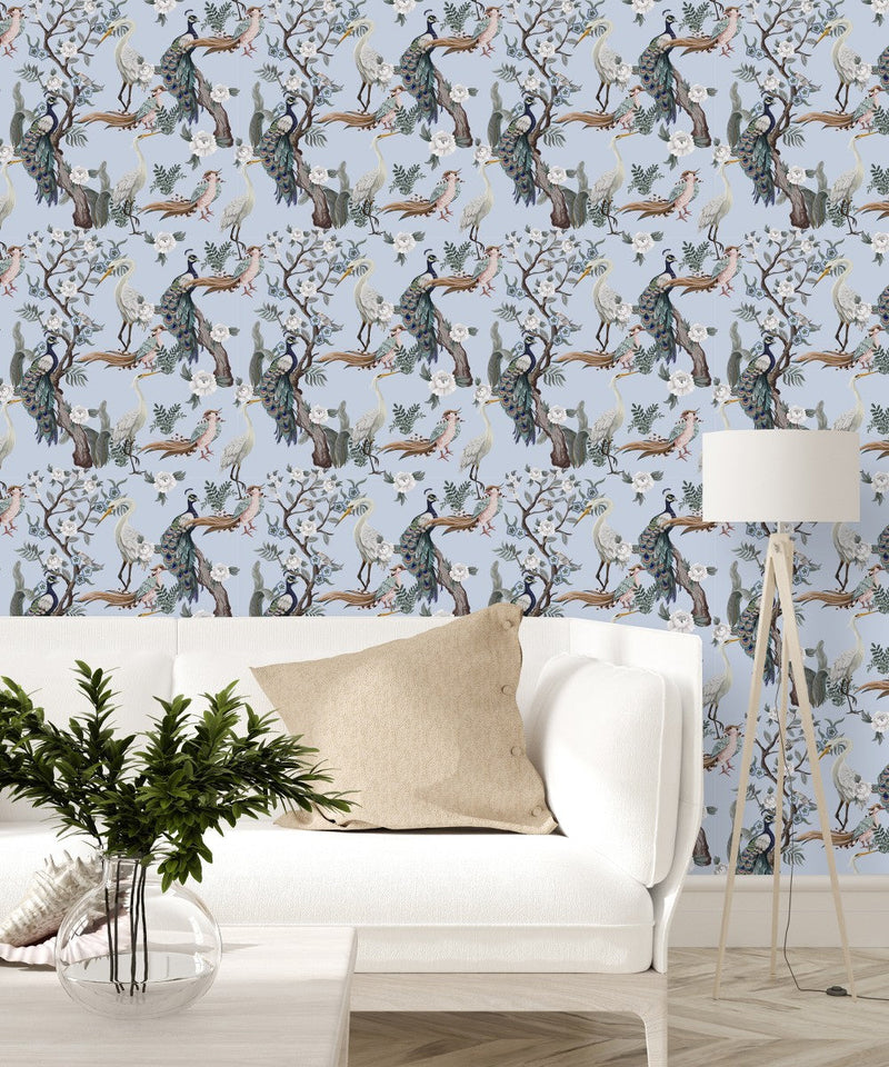 Contemporary Blue Peacocks Wallpaper Tasteful