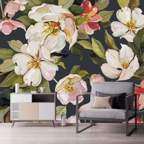 Elegant Dark Wallpaper with Gentle Flowers Tasteful