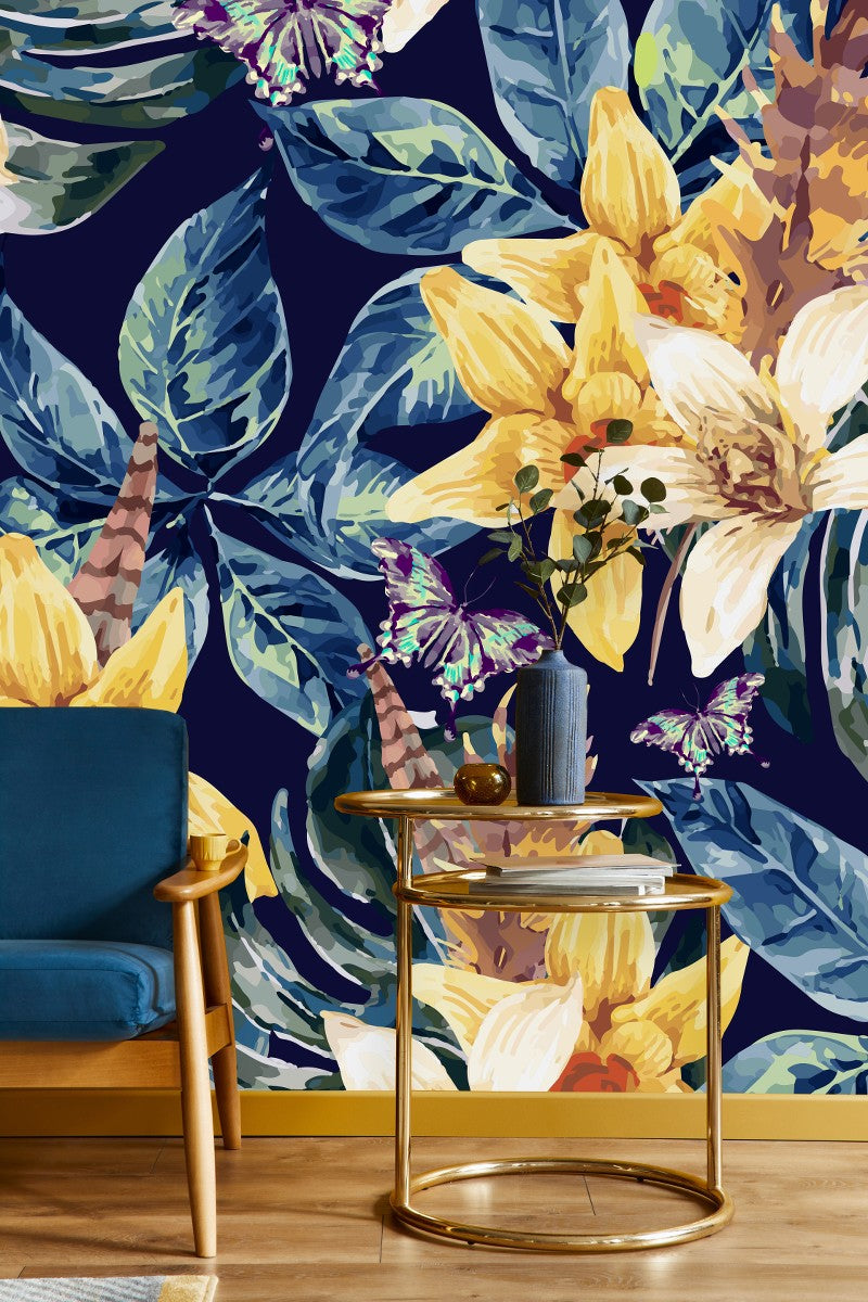 Yellow Flowers with Blue Leaves Wallpaper