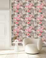 Beige Palm Leaves Wallpaper with Flamingos