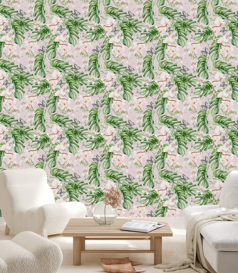 Pink Orchid with Monstera Wallpaper