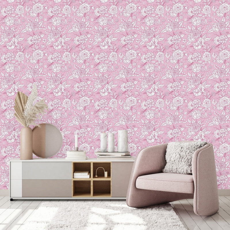 Contemporary Pink Floral Wallpaper Fashionable