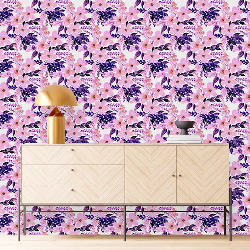 Pink Flowers and Violet Leaves Wallpaper