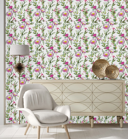 Pink Flowers on White Wallpaper